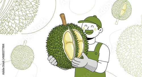 Smiling Farmer Offering A Freshly Opened Durian Against A White Background