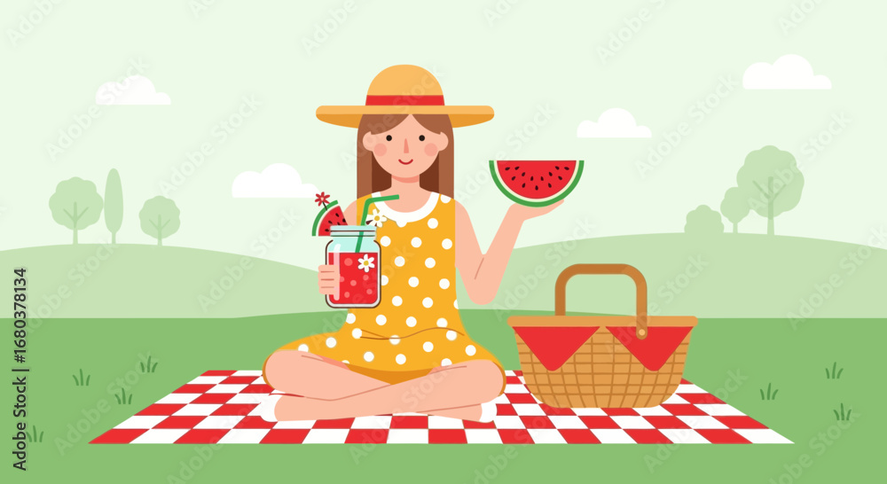 Fototapeta premium Summertime Fun: Smiling Woman Enjoying Refreshing Drinks and Delicious Watermelon