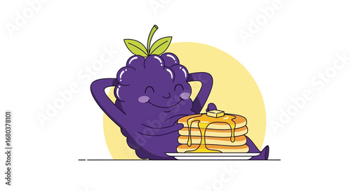 Smiling Fruit Creature Contemplates Breakfast of Pancakes and Syrup on a Plate
