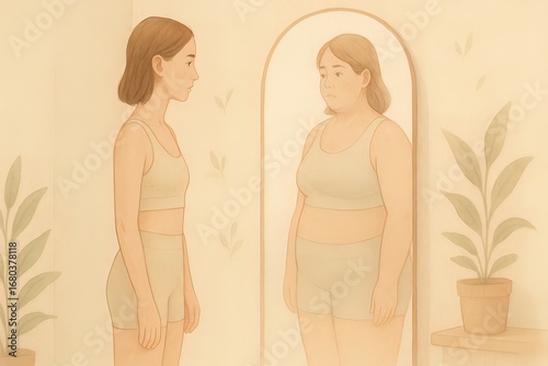 A slim young woman sees a distorted, heavier reflection of herself in a mirror, highlighting body image issues. Generated AI.