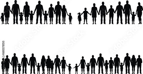 Silhouettes of diverse large families holding hands, multiple generations, unity and togetherness, family love, community support, parent child bond, happy family gathering outdoors