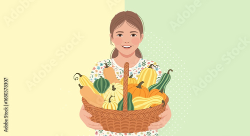 Smiling Girl Holding Harvest Basket Filled With Colorful, Freshly Picked Winter Squash