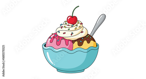 Delightful cartoon depiction of an ice cream sundae in a blue bowl with cherry topping, ideal for sweets themed illustrations