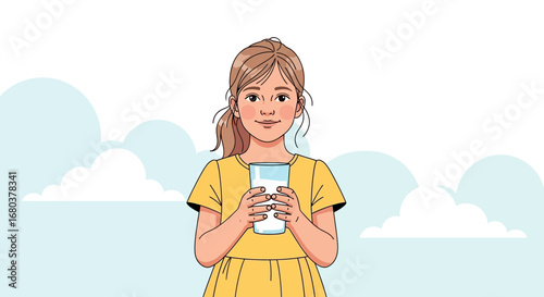 Smiling Girl Holds Glass Of Milk With Clouds In The Background, Ready To Enjoy It