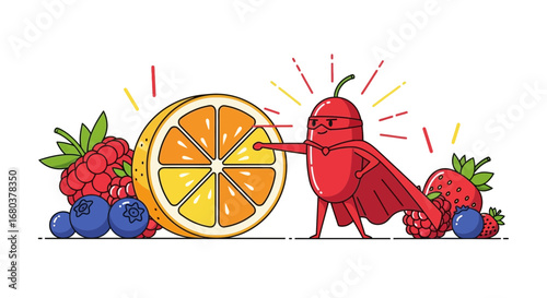Super Fruit Hero Presenting Orange Slice Surrounded By Berries With a Clean Modern Style