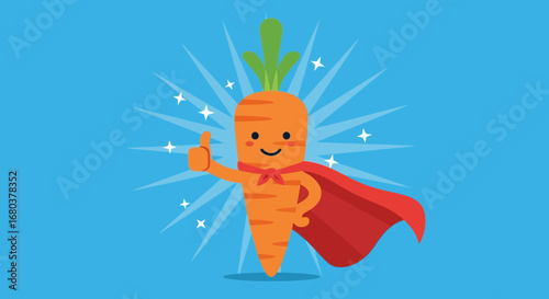 Super Carrot Character Showing Positive Gesture With Thematic Rays and Vibrant Colors