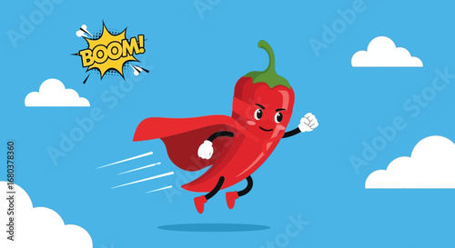 Super Spicy Pepper Cartoon Character Flying Through The Sky With Clouds