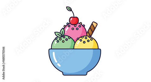 Cartoon Ice Cream Bowl Illustration Featuring Three Scoops with Toppings in a Simple Style