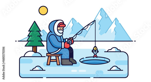 Flat Illustration of Ice Fishing in a Snowy Landscape Featuring a Fisherman Catching a Fish near Mountains