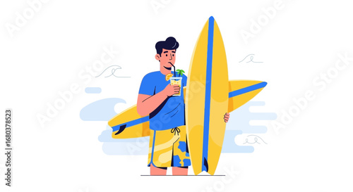 Surfer Enjoying Refreshing Drink, Holding Surfboard, Ready For The Waves Adventures Soon