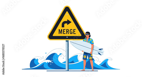 Surfer Merging with Coastal Waves Under Traffic Sign in Tropical Beach Vacation