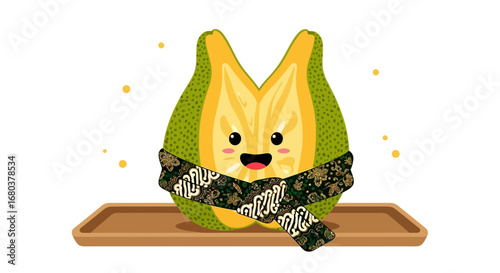 Smiling Jackfruit Character Draped In Fabric Resting Proudly On Brown Rectangular Tray