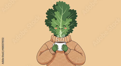 Smiling Kale Character Enjoys a Warm Drink in a Cozy Sweater, Adorable Illustration
