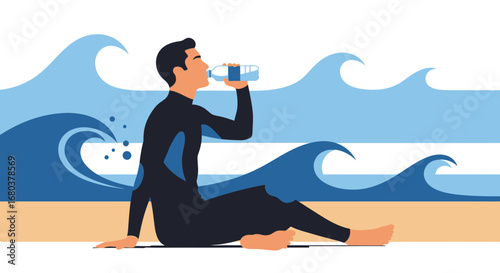 Surfer Quenches Thirst After Surfing, Resting on Sandy Beach in the Ocean