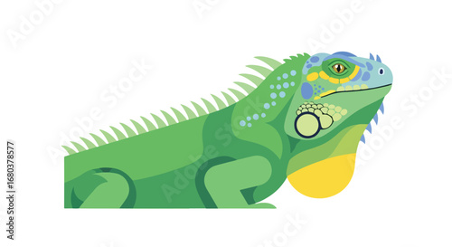 Geometric illustration of a vibrant green iguana with playful spots, perfect for educational materials and wildlife enthusiasts using flat design
