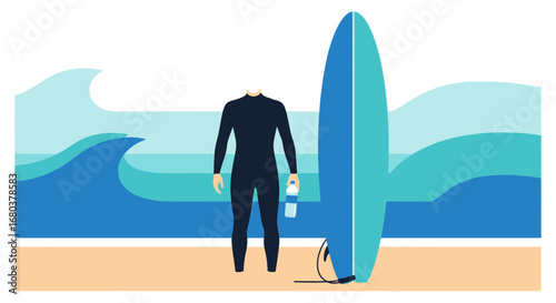 Surfer With Wetsuit and Surfboard Ready For Seaside Adventure, Coastal Waves Ahead