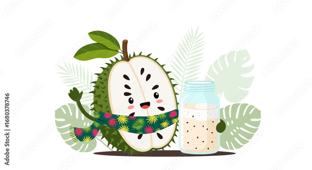 Fototapeta premium Sweet Annona Illustration With Drink In Jar, Tropical Fruit Illustration Design For Stock