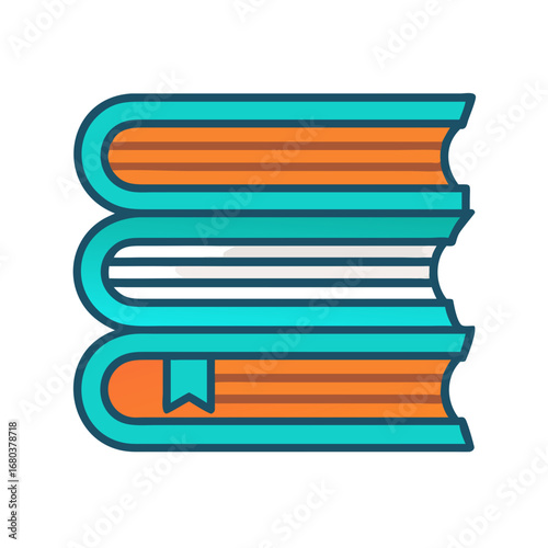 Illustration of a stack of three books with teal covers and orange and white pages on a white background