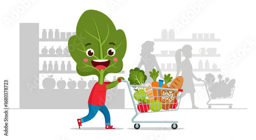 Smiling Leafy Character Pushing Full Shopping Cart At The Grocery Store