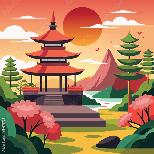 Asian Pagoda Landscape at Sunset