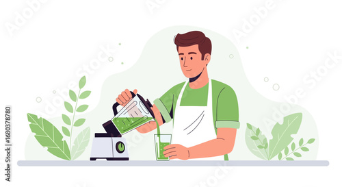 Smiling Male Preparing Fresh Smoothie with Blender for Health and Wellbeing