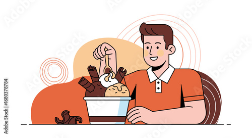 Smiling Male Delights In Sundae, Chocolate And Sweet Treat Illustration, Vector
