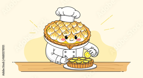 Sweet Chef with Delicious Lemon Pie and Citrus Ornament in Cute Illustration Style