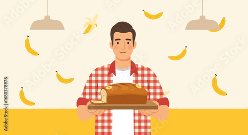 Smiling Man Holding Banana Bread with Flying Bananas Illustration against the Yellow Background