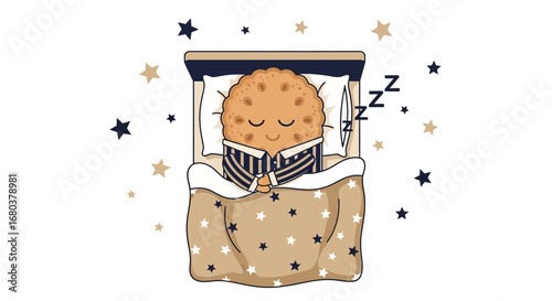 Sweet Cookie Falling Asleep in Bed, Surrounded By Stars, Cute Illustration