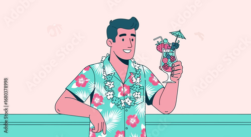 Smiling Man Holding Cocktail Celebrating Vacation With Floral Shirt And Lei