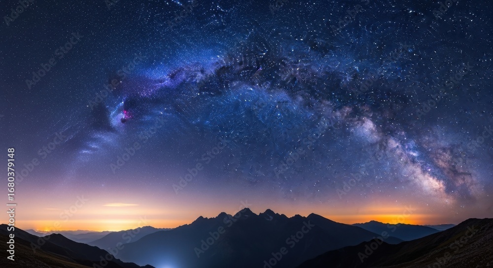 Fototapeta premium Majestic milky way arching over silhouetted mountain peaks under a starry night sky