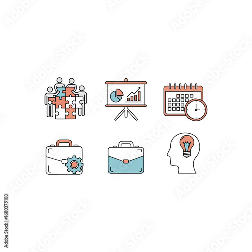 Business icons depicting teamwork, presentations, scheduling, and ideas.