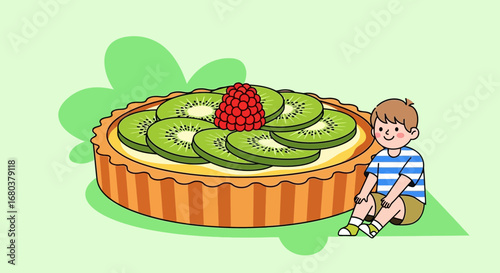 Sweet Dessert: A Young Person Appreciates Fresh Kiwi Tart, Delicious Food, Tasty Treat