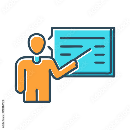 Illustration of a person presenting information on a blue board with a pointer stick in their hand