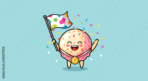 Sweet Dessert Character Celebrates Victory With Medal And Colorful Flag