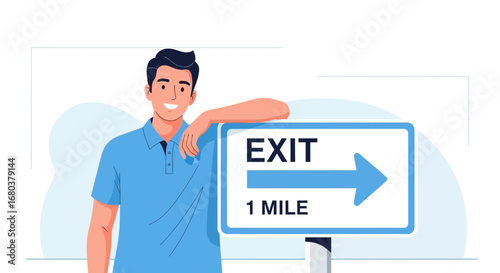 Smiling Man Near Exit Sign Signifying Direction and Information, Traveling Journey