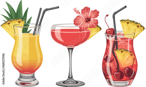This image presents a trio of vibrant tropical cocktails, each beautifully garnished and ready to enjoy.