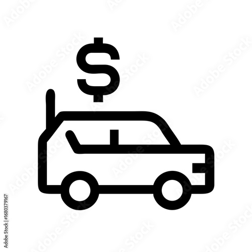 Illustration of a car with a dollar sign above it representing car finance and vehicle cost idea