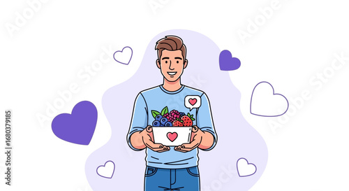 Smiling Man Offering Bowl Of Fresh Berries, Showing Positive Sentiment With Heart Motifs