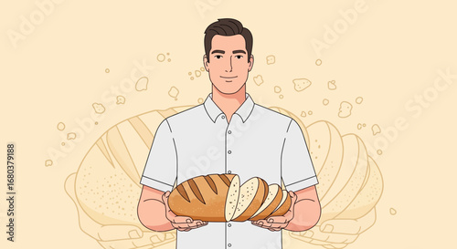 Smiling Man Offering Freshly Baked Artisan Bread Slices In A Warm, Inviting Scene