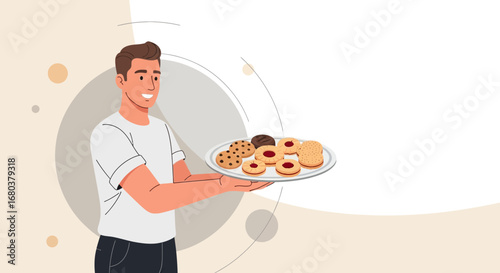 Smiling Man Presenting a Plate Of Various Delicious Cookies, Perfect Delight Treats, Serving Guests