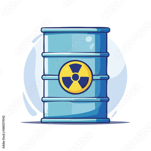 Radioactive waste barrel with radiation warning sign and hazardous waste icon illustration