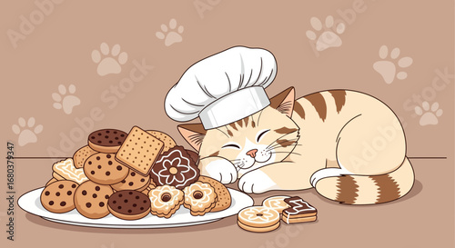 Sweet Dreams: Adorable Chef Cat Napping Beside Delicious Assortment Of Cookies