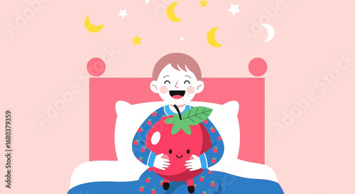 Sweet Dreams: Child Embracing Giant Tomato Dreaming Under Celestial Canopy