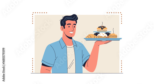 Smiling Man Presenting Pastries On A Serving Tray, Bakery Illustration