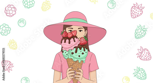 Sweet Girl Wearing a Pink Floppy Hat Holding Delicious Ice Cream Cone