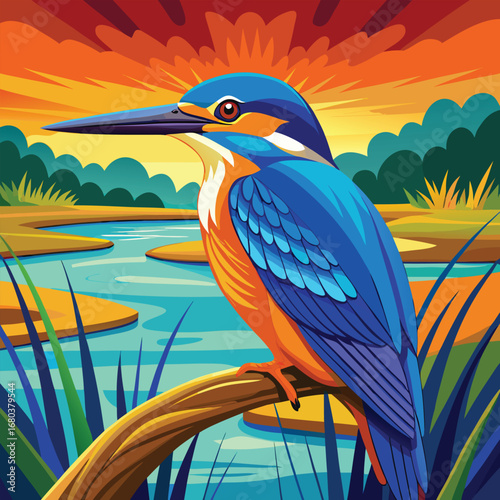 a painting of a blue and orange bird sitting on a branch.