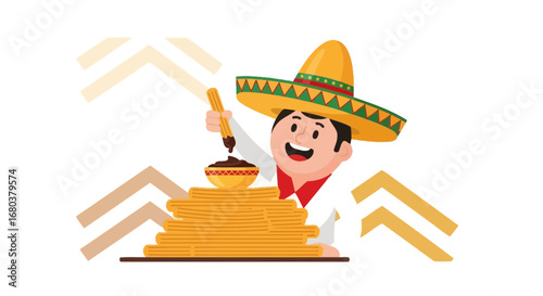 Smiling Mexican Man Serving Churros With Chocolate, A Delicious Dessert Illustration