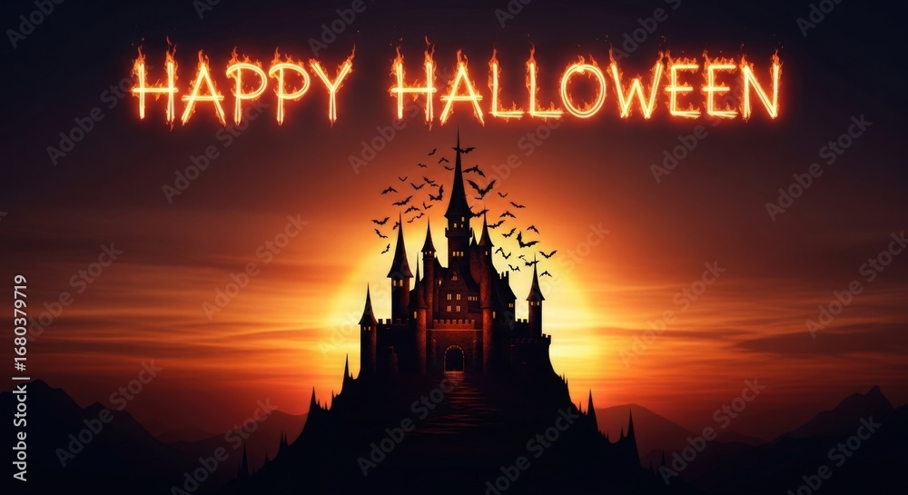 Naklejka premium A halloween castle silhouette glowing with happy text at sunset for spooky scary decoration 
