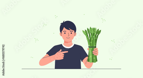 Smiling Person Holding Bunch Of Asparagus, Pointing, Fresh, Green, Healthy Vegetable Produce